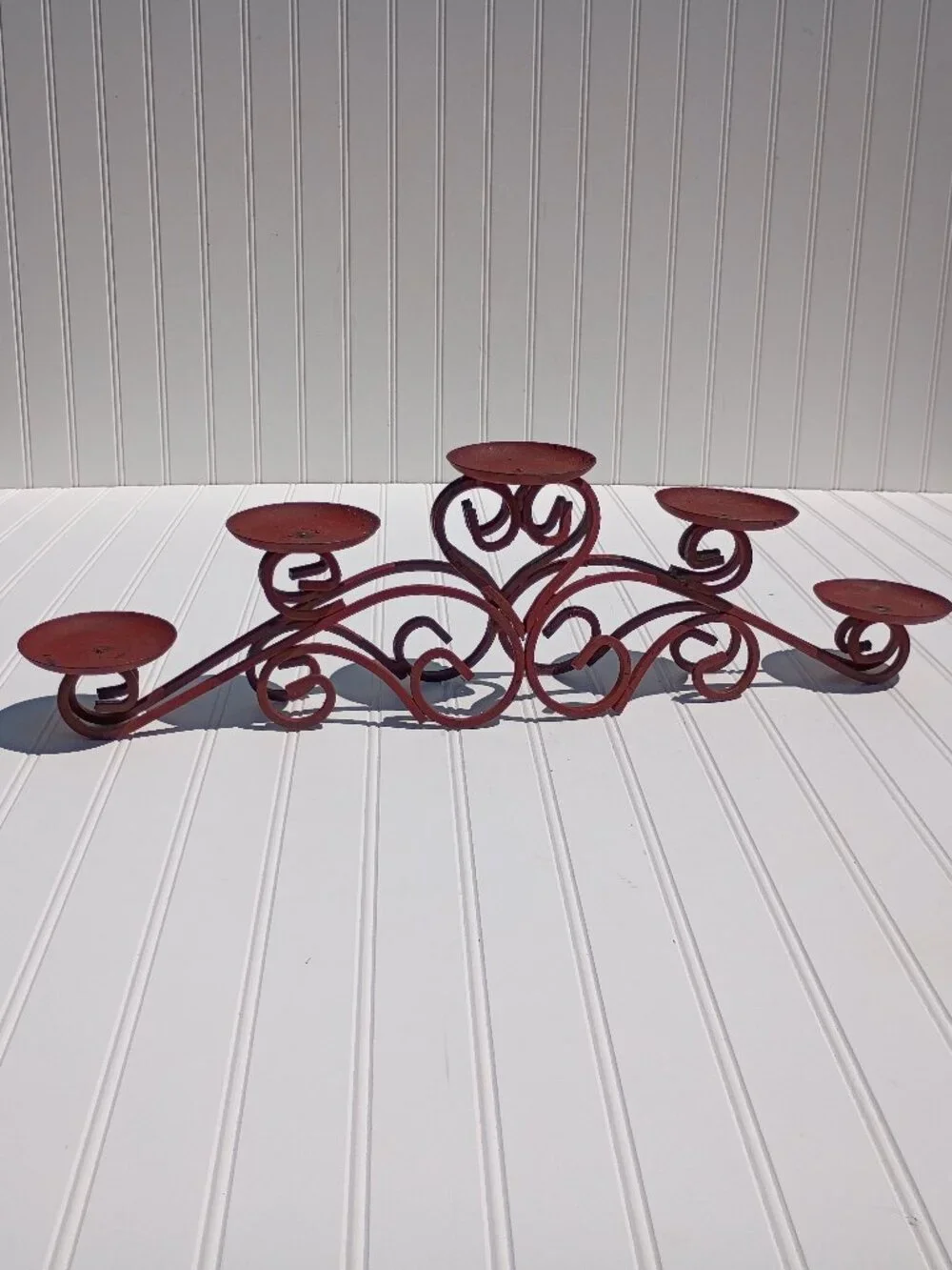 Wrought Iron Candelabra Scrollwork Centerpiece Primitive Candle Holder Farmhouse